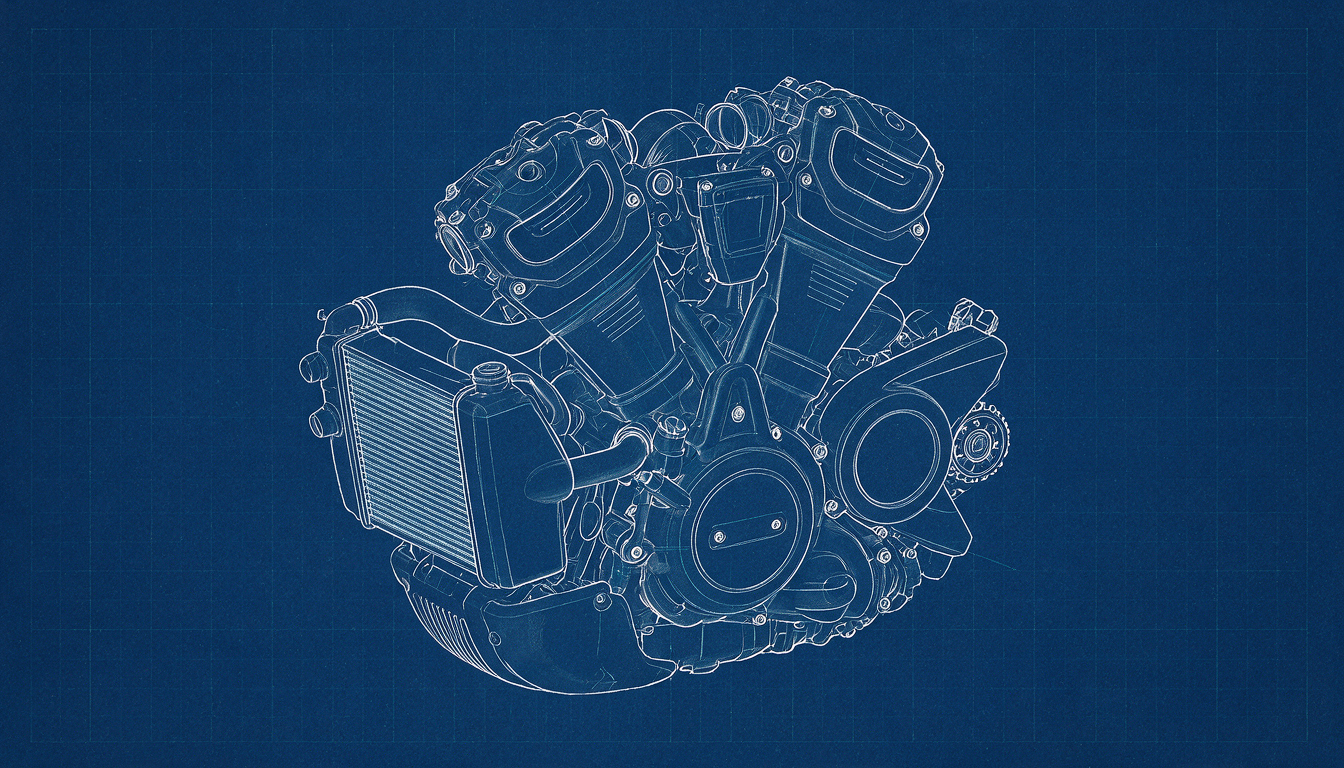 Blueprint drawing of a liquid-cooled Harley-Davidson Revolution Max engine showing the front radiator and finless cylinders