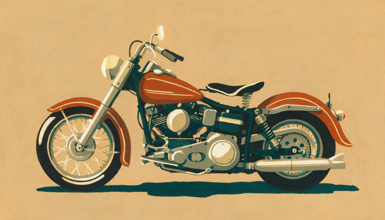 Painted illustration of a 1970s Harley-Davidson Shovelhead FLH in left side profile