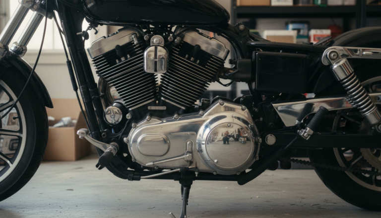Air-cooled Harley-Davidson V-twin engine with black finned cylinders and a chrome primary cover