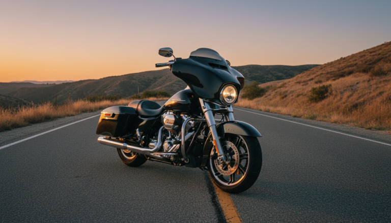 Harley-Davidson Street Glide with batwing fairing parked on an empty road at sunset