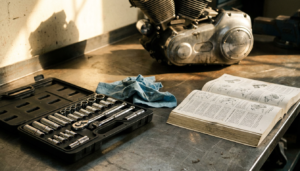 Harley-Davidson Torque Specs: Manual-Verified Chart by Engine Family 1 Open Harley-Davidson service manual and a socket set on a workshop bench beside a V-twin engine
