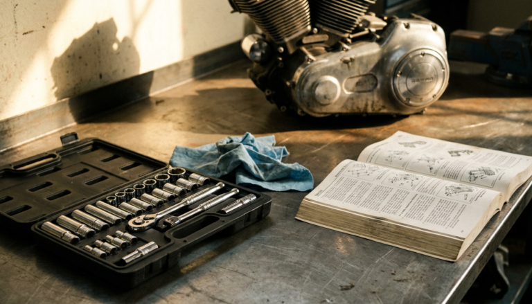 Open Harley-Davidson service manual and a socket set on a workshop bench beside a V-twin engine