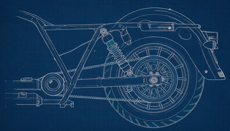 Blueprint drawing of a Harley-Davidson touring bike rear end showing the air-adjustable shock absorber and belt final drive