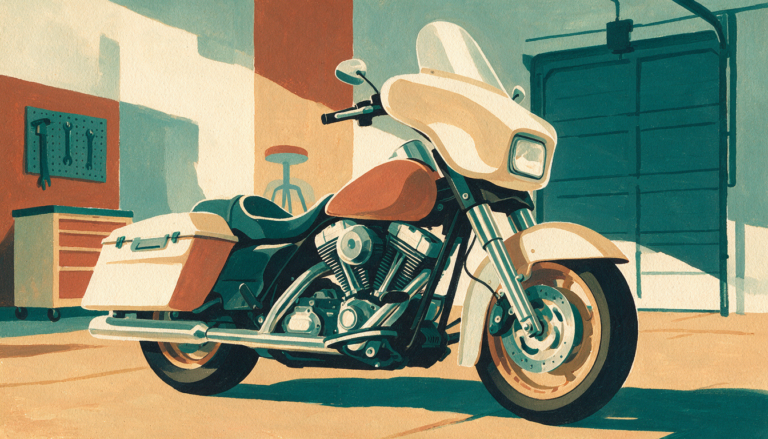 Painted illustration of a Harley-Davidson touring bike in a workshop with the front brake disc and caliper visible