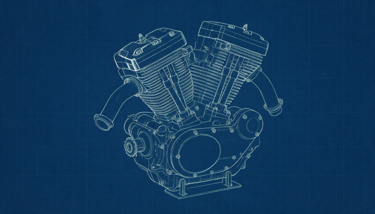 Blueprint drawing of an air-cooled Harley-Davidson Twin Cam V-twin engine with finned cylinders and pushrod tubes